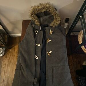 Gray Hooded Vest with Faux Fur Trim